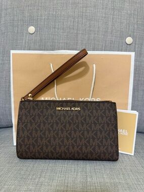 Michael Kors Brown MK Logo Zip Wristlet with Gold Hardware